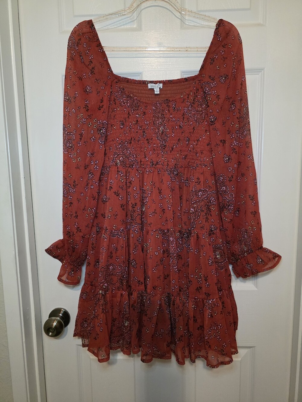 Patrons of Peace Rust Floral Smocked Tiered Mini Dress Sz M
